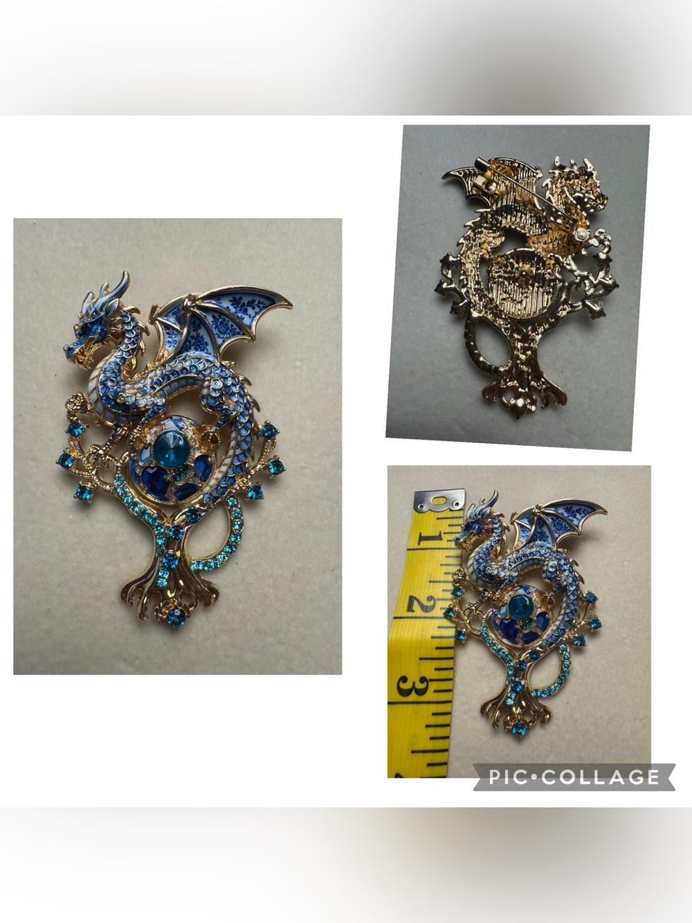 New Blue and Gold Dragon Brooch with Teal Crystals